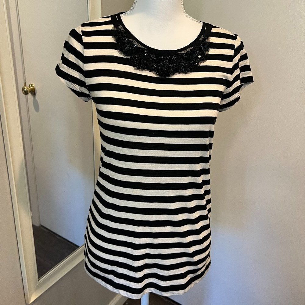 Ann Taylor Loft short sleeve striped top with neckline beadwork, Size XS